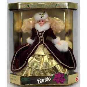 VTG 1996 Mattel Happy Holidays Barbie Doll Special Edition Fur Velvet Gown
